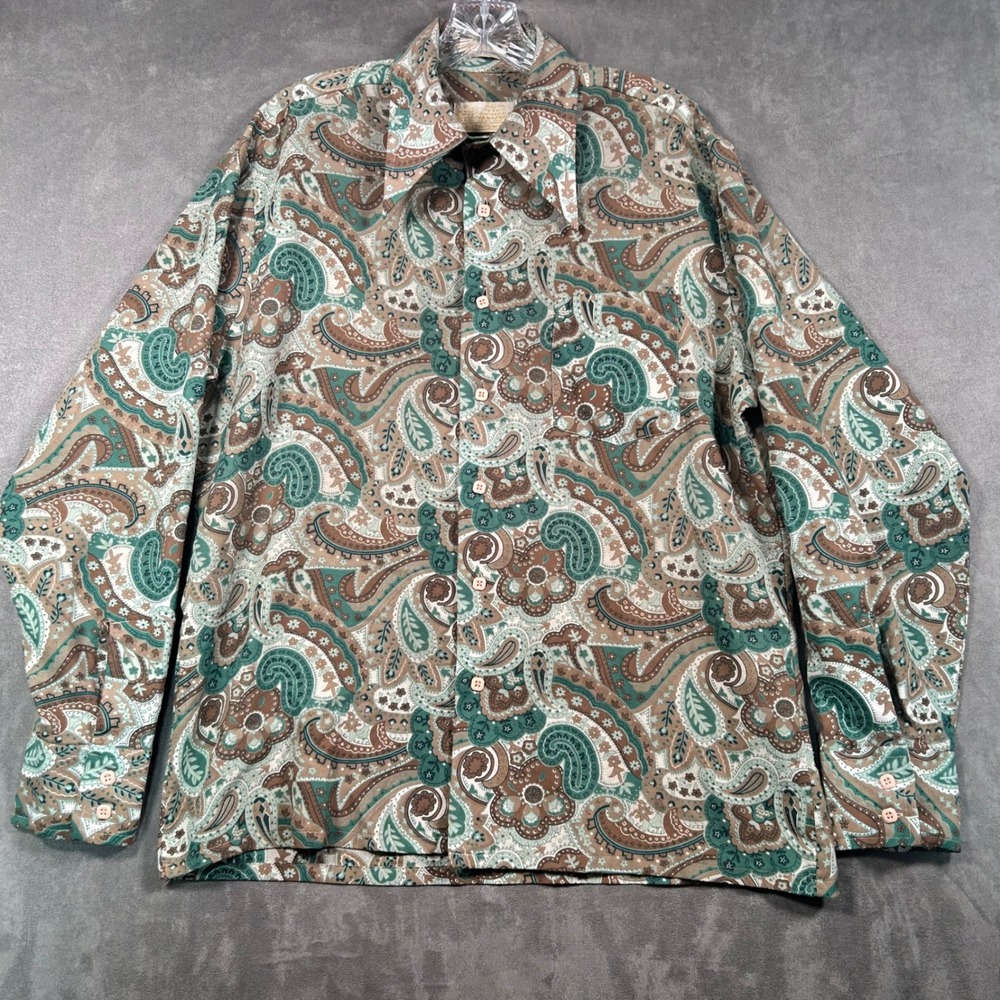 Vintage Sears Kings Road Paisley Shirt Mens Large Green Brown Perma-Prest 70s
